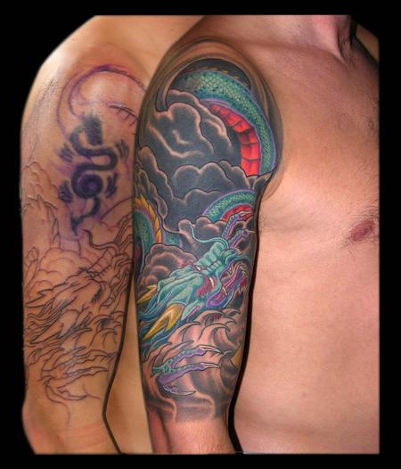 Tattoos - Asian Dragon and Yellow Lotus cover up half sleeve - 79347
